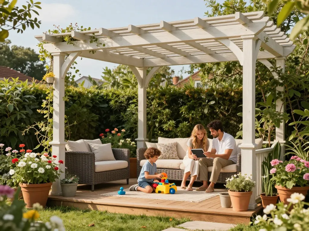 Famiglia che discute il design del loro configuratore pergole software sotto una stilosa pergola su un patio soleggiato.