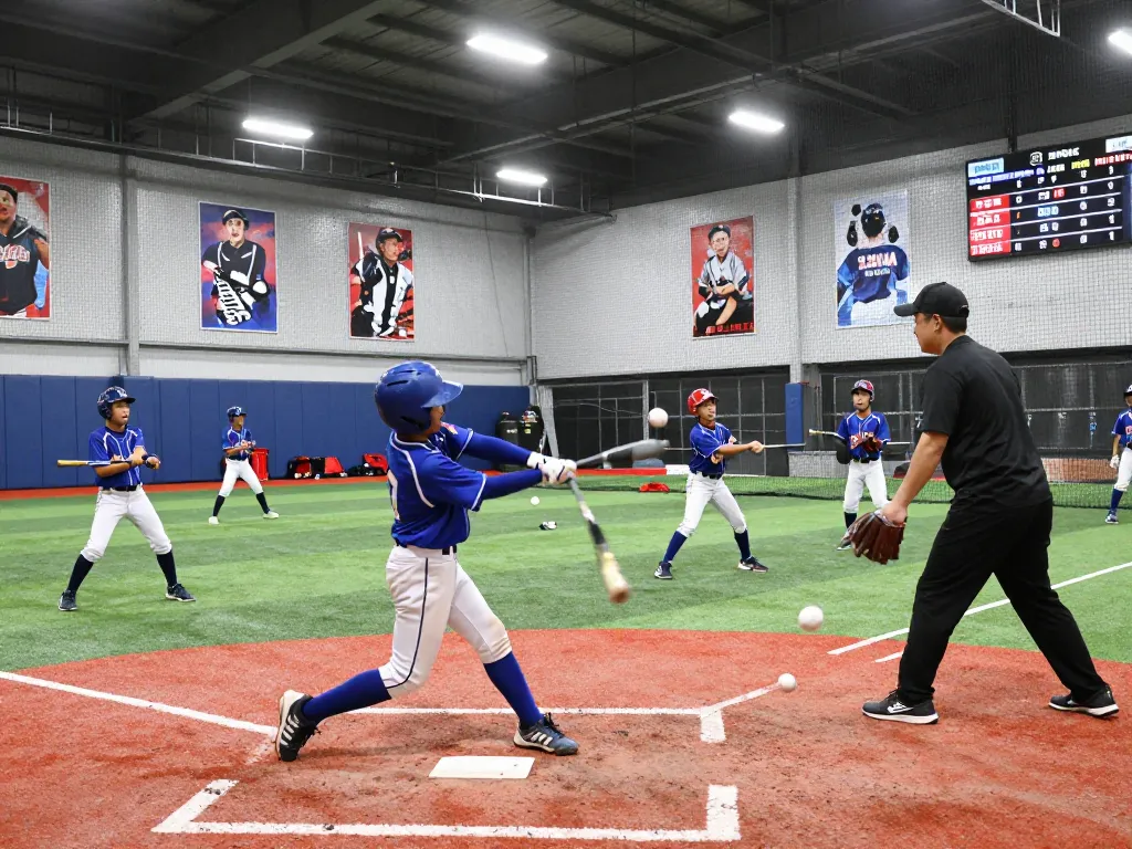 Young athletes training at hitclub's indoor baseball facility, demonstrating teamwork and skill.