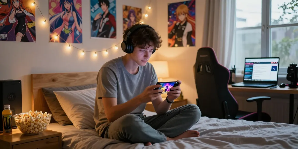 Mobile hentai game experience in a cozy bedroom with vibrant graphics and snacks.