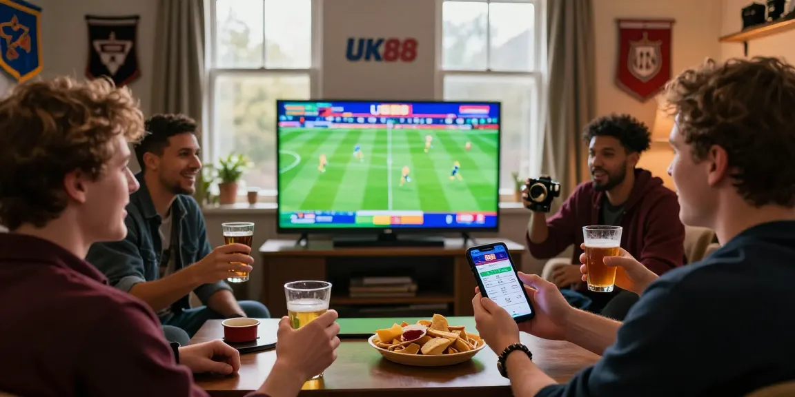 Enthusiastic friends engaging in live sports betting using the UK88 app in a cozy room setting.