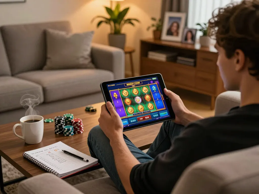 Engaging player using mig8 com tablet for slot games, showcasing a cozy home gambling space.