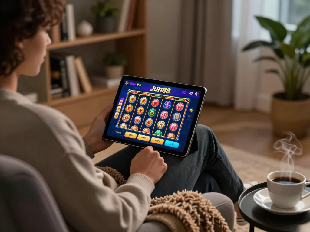 Engaging with the Jun88 app in a cozy home setting for responsible gambling.