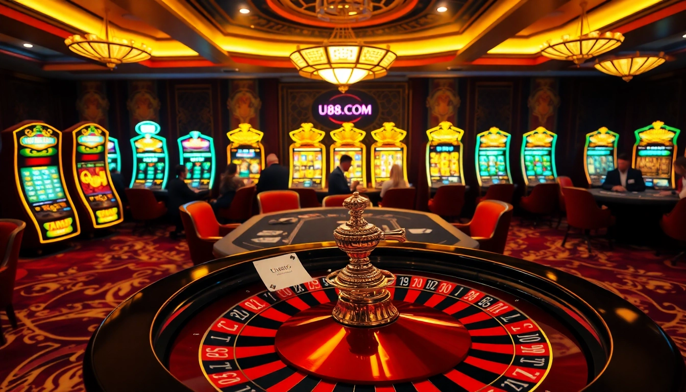 Intense poker game at uu88.com with players and glowing slot machines in a luxurious casino.