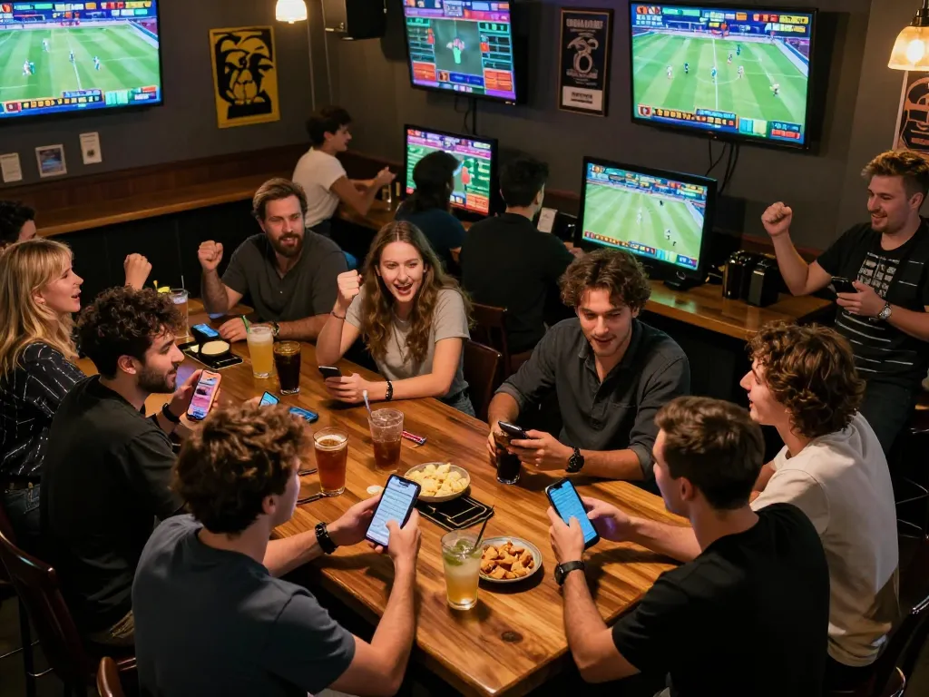 Vmax trang chủ action packed sports betting scene with friends cheering over games.