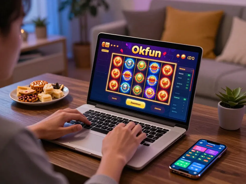 Engaging online casino gaming with Okfun app interface, vibrant slot reels in action.