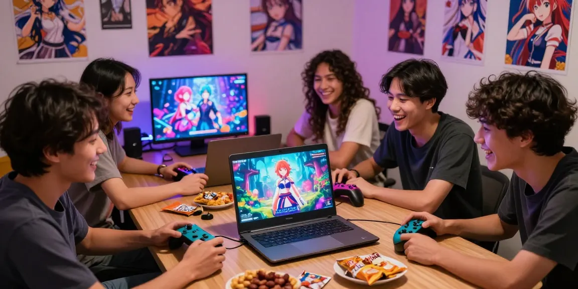 Engaging scene of friends enjoying a hentai game on laptop with vibrant visuals and snacks.