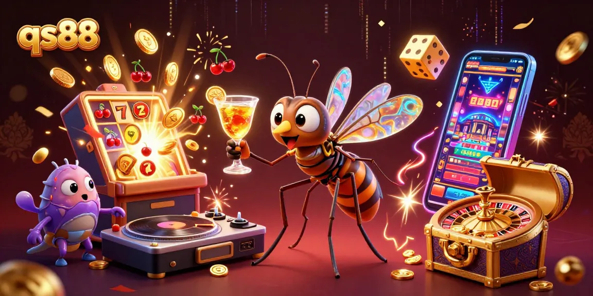 qs88 engages in high-stakes fun with a vibrant casino scene featuring a playful mosquito mascot and thrilling game elements.