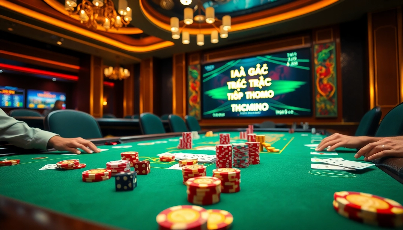 Thrilling action of đá gà trực tiếp thomo at a vibrant casino table filled with chips and cards.