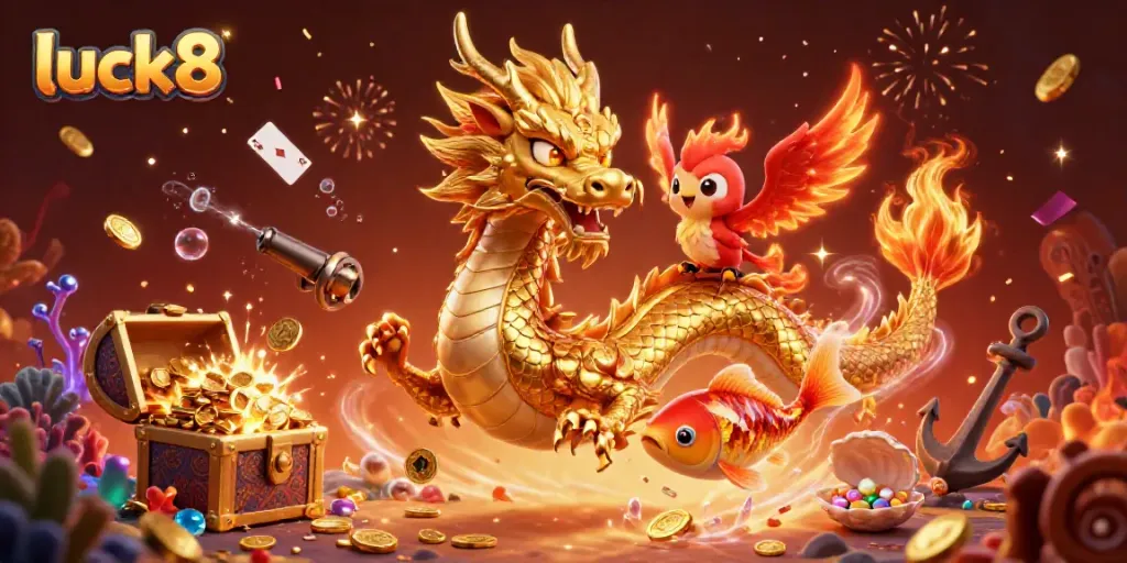 Experience the thrill of luck8 with vibrant casino elements in an explosive 3D scene featuring a dragon and phoenix.