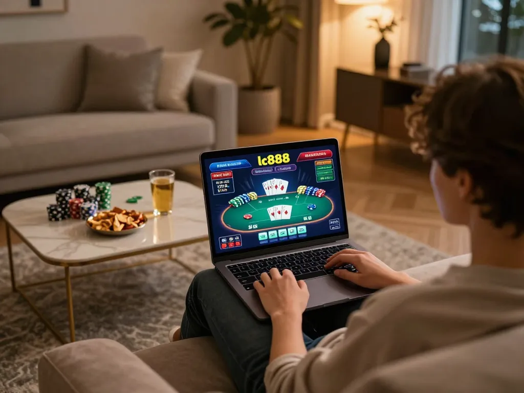 Engaging with lc888 poker game on a laptop in a cozy living room setup.