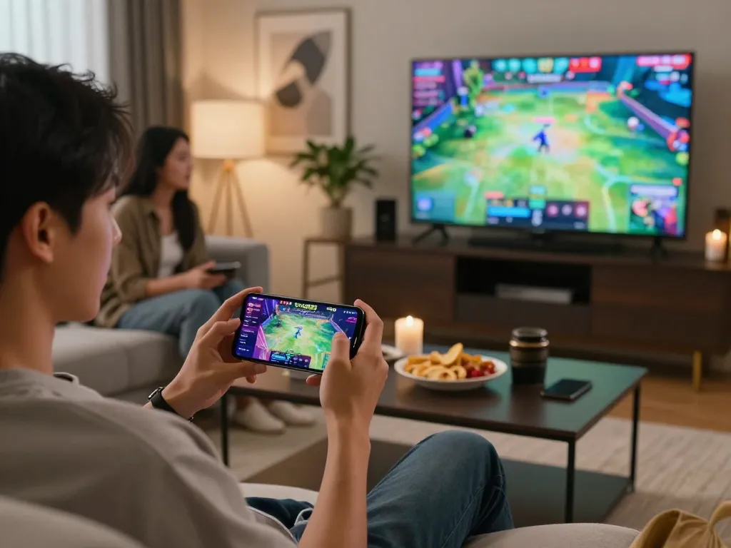 Engaging scene of friends using tải go88 app for gaming on a smartphone in a cozy living room.