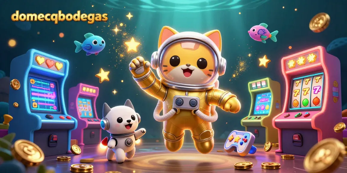 Dive into fun with domecqbodegas: an astronaut cat and robot dog exploring an arcade of slot machines.
