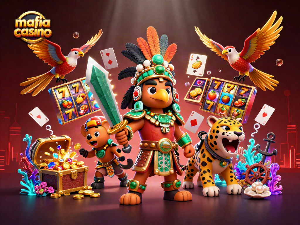 Engage with mafia casino thrills through a vibrant 3D scene depicting dynamic characters and rich game elements.