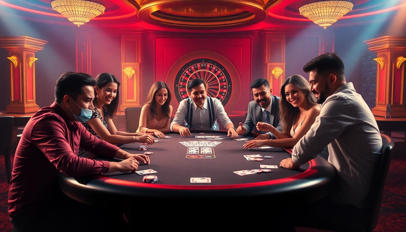 Players immerse in a thrilling poker game at fly88 casino, surrounded by vibrant chips and cards.