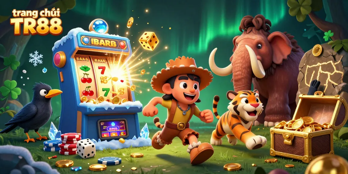 A fun scene showcasing the vibrant characters of trang chủ TR88 enjoying a prehistoric casino filled with jackpots and excitement.
