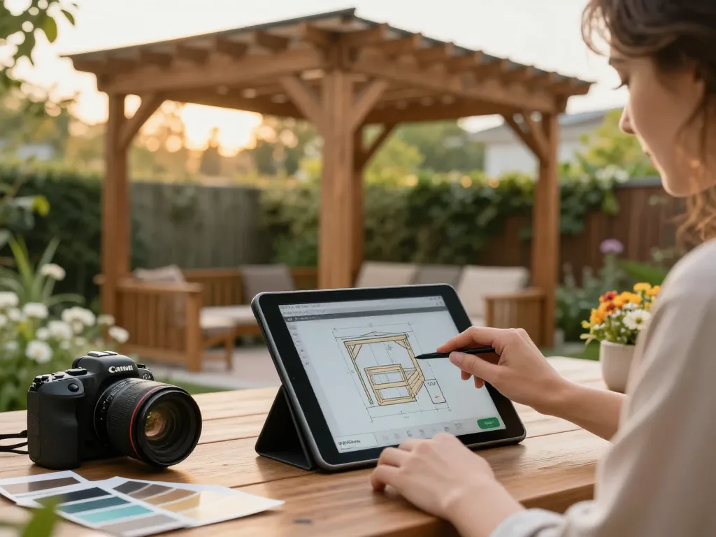 Designer using software configuratore pergole on a tablet to customize a wooden pergola in a lush garden.