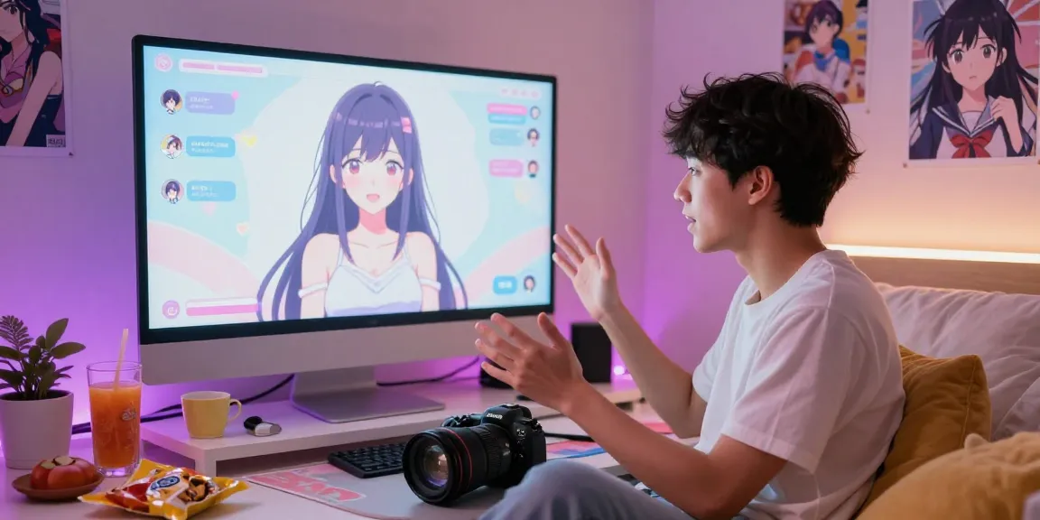 Engaging moment of ai hentai chat in a cozy digital bedroom setting.