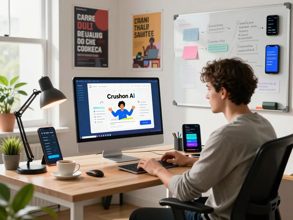 Engaged user exploring Crushon AI's chat interface in a vibrant workspace, showcasing innovative AI interactions.