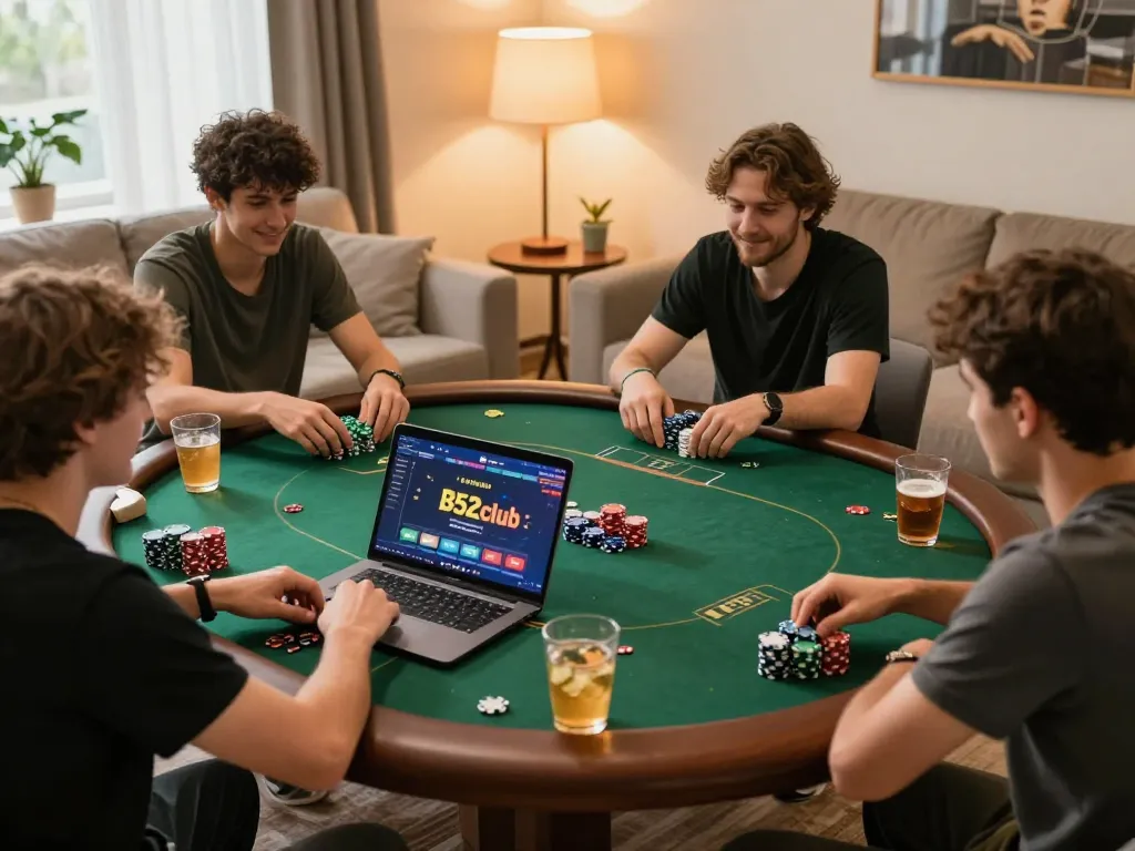 B52club players enjoy a lively poker game at home, showcasing engagement and strategy.