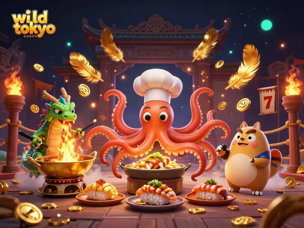 Experience the dynamic thrills of wild tokyo casino with a vibrant 3D illustration of characters and gaming elements.