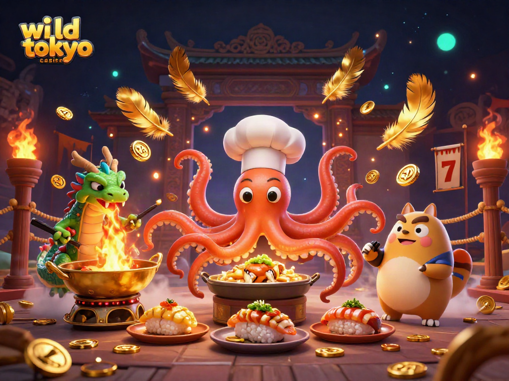 Experience the dynamic thrills of wild tokyo casino with a vibrant 3D illustration of characters and gaming elements.