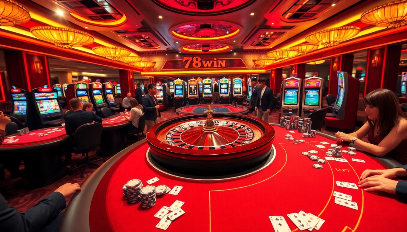 Experience the excitement at 78win's luxurious casino floor featuring roulette and luxury tables.