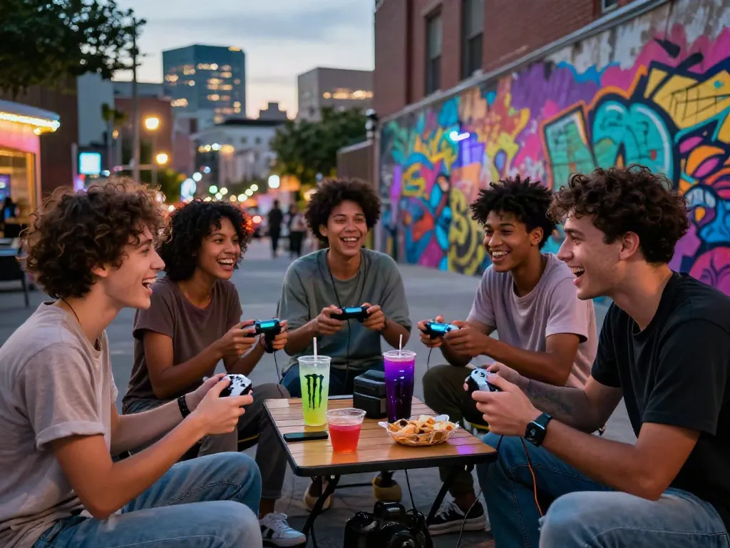 Engaging gaming gathering with friends showcasing rokok88 in an urban setting.