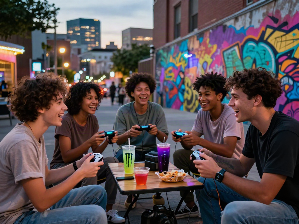 Engaging gaming gathering with friends showcasing rokok88 in an urban setting.