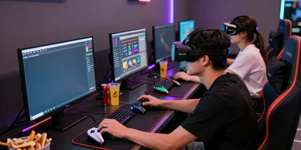 Gamers enjoying the rokok88 apk in a vibrant gaming room.
