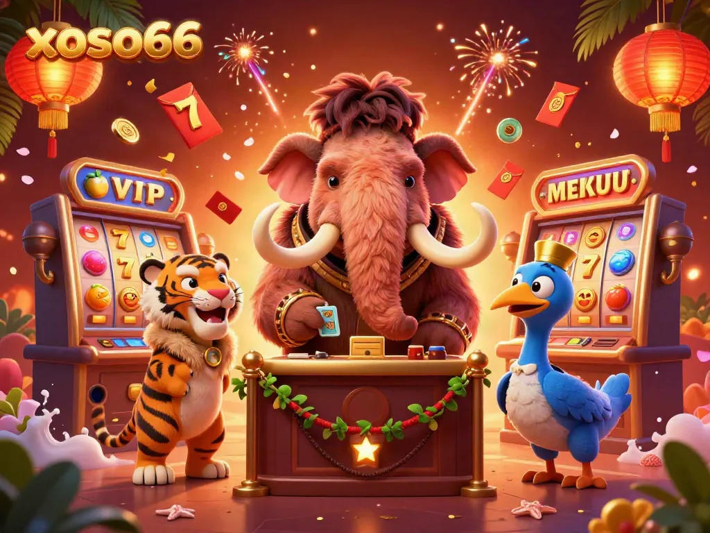 Engage with the vibrant scene of xoso66 featuring a cartoon woolly mammoth bouncer, checking entry for a tiger VIP amidst lively casino elements.