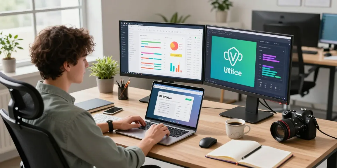WPS Download in a vibrant office setup with dual monitors and productivity charts.
