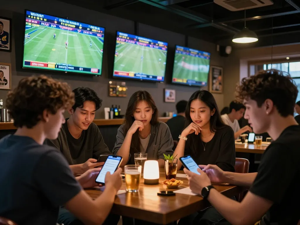 Tỷ lệ kèo trực tuyến displayed on screens as patrons engage in live sports betting at a vibrant sports bar