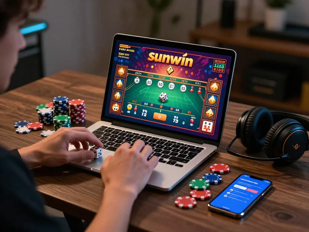 Engaging in a lively game of tài xỉu sunwin with vibrant graphics and dice on a sleek laptop.