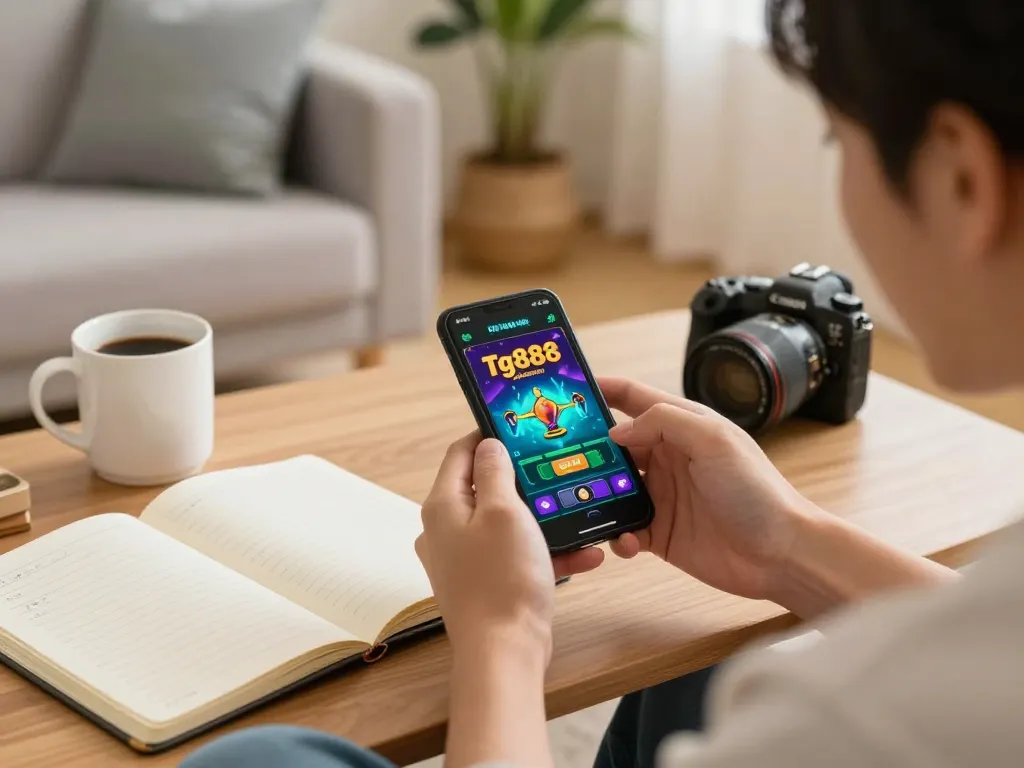 Player engaging in an exciting gaming session on tg888 app with vibrant visuals in a cozy setting.