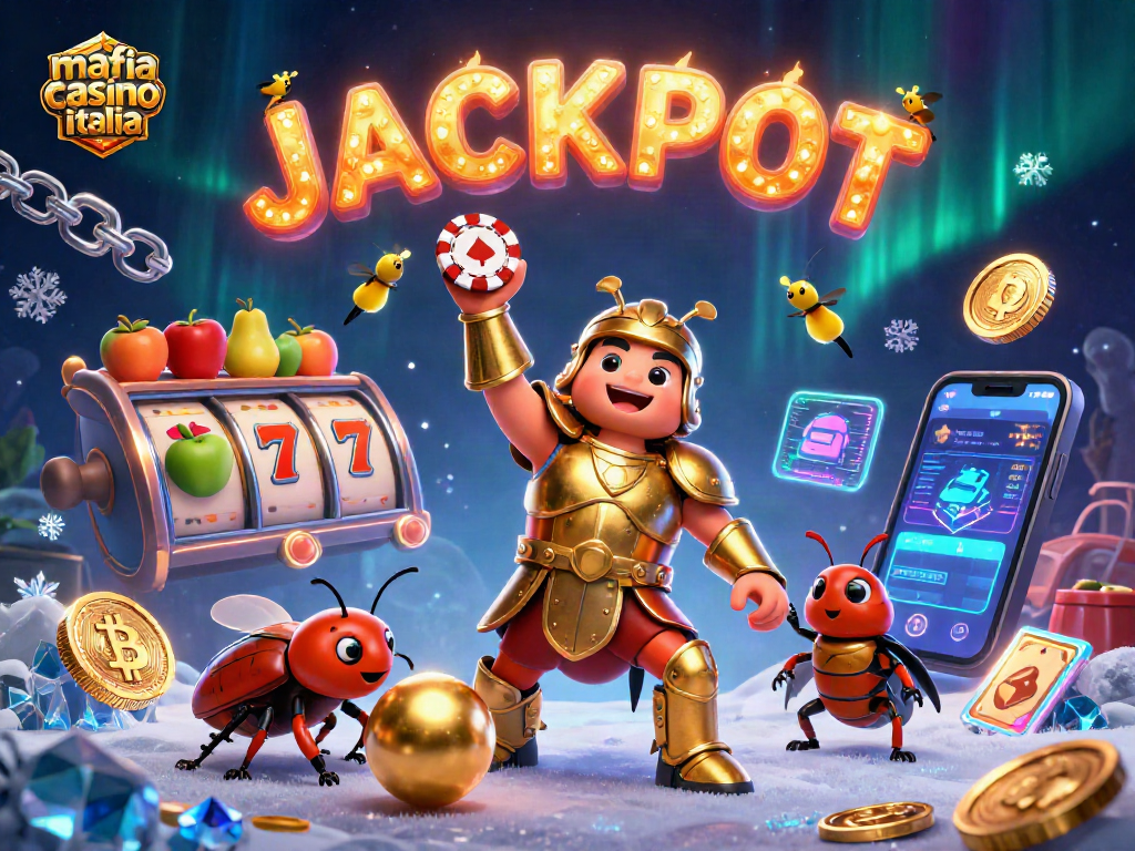 Mafia Casino Italia showcases vibrant 3D beetles amid slots and cryptocurrencies celebrating big wins.