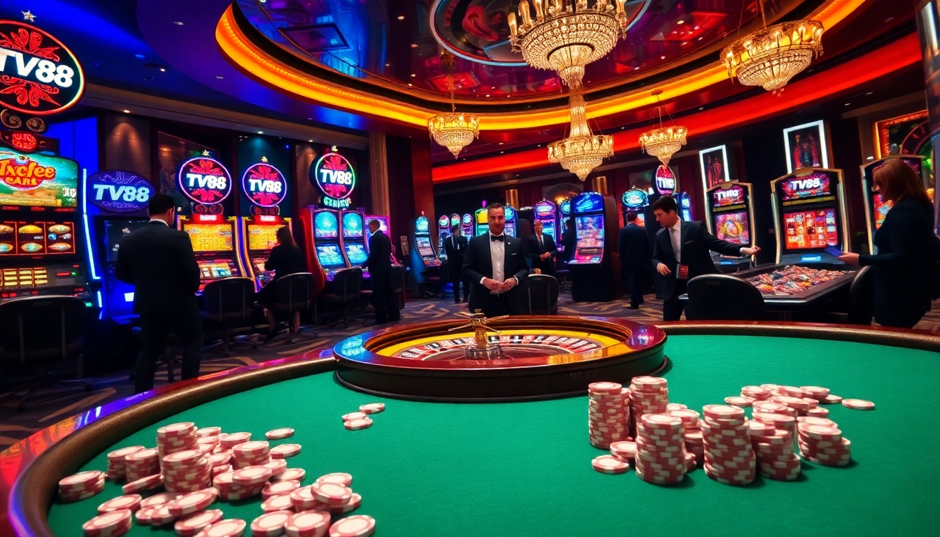 Experience thrilling gaming at TV88, featuring vibrant slot machines and roulette tables.