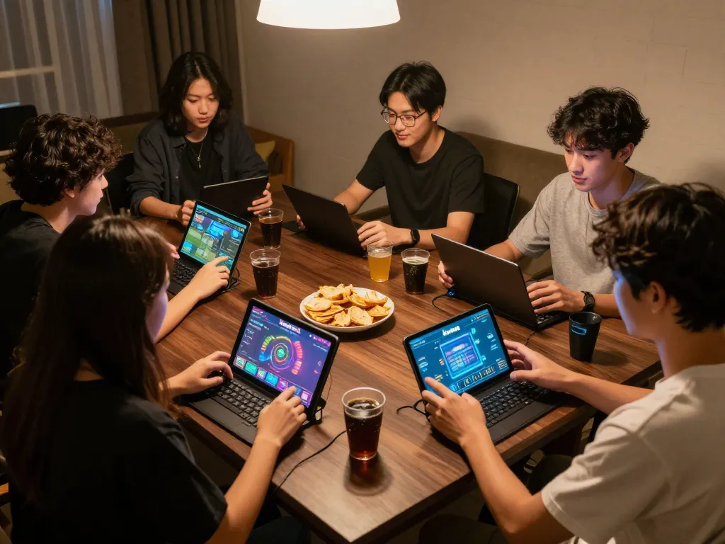 Friends enjoying an exciting online gambling session on kuwin 2, engaging in friendly competition