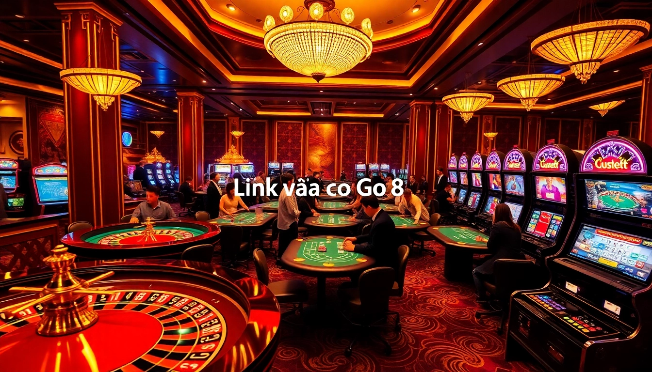 Gameplay at an exciting casino highlighting Link vào Go8 amidst vibrant tables and slot machines.