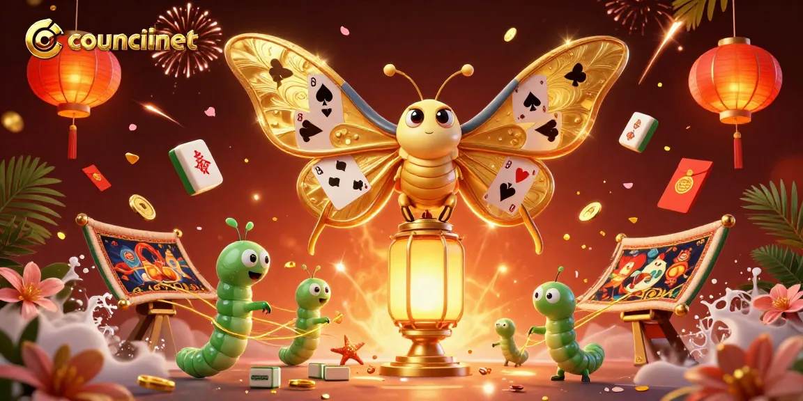 Engaging councilnet illustration showcasing vibrant casino elements with a majestic moth and golden motifs.