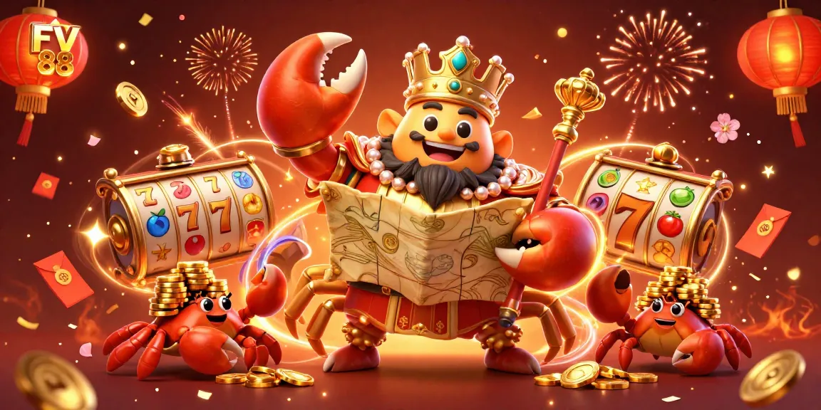 Experience the excitement of FV 88 with a dynamic 3D casino scene featuring a golden crab and treasures.