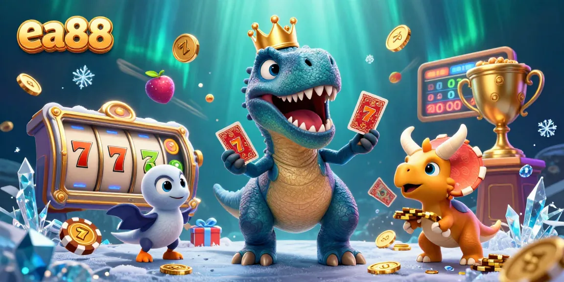 Betting strategies with ea88 brand showcased in vibrant casino scene featuring T-Rex and triceratops.