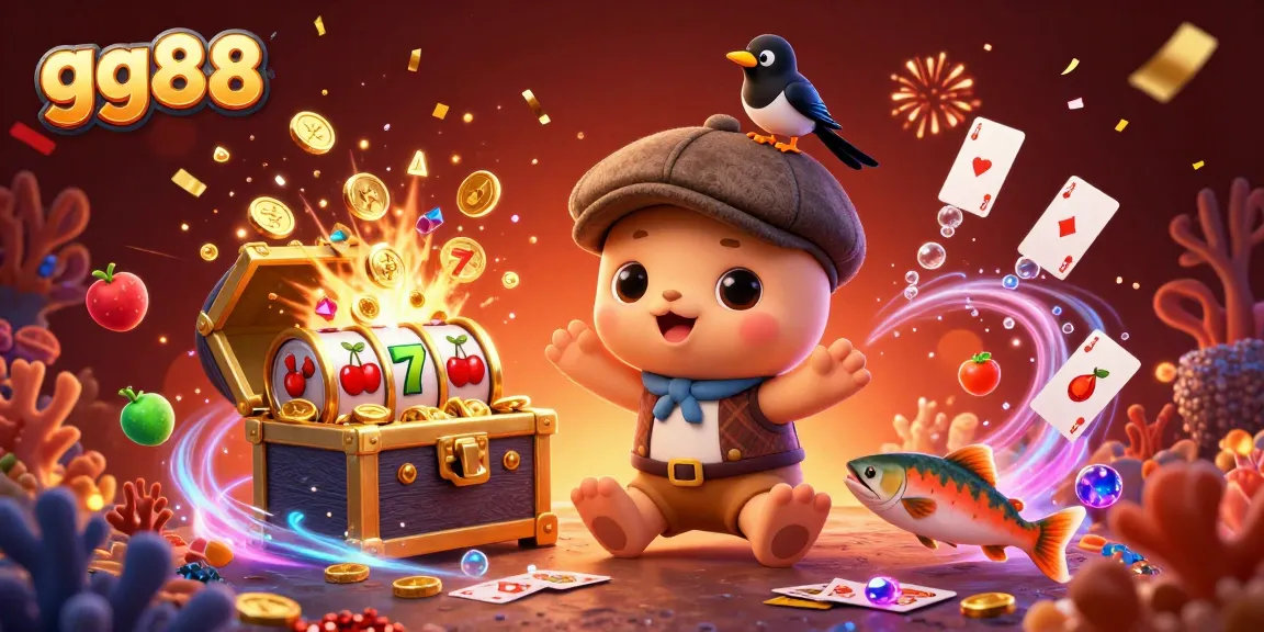 Play exciting slots with gg88 featuring a cute Nessie and colorful symbols in a vibrant casino scene.