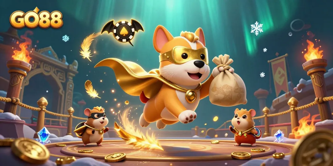 Engage with GO88 for thrilling casino adventures featuring a heroic dog and vibrant game elements.