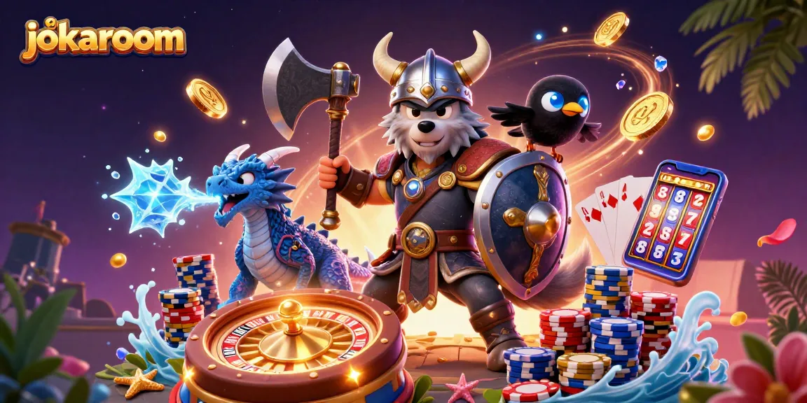 Play thrilling games at jokaroom, featuring a Viking wolf warrior, dragon, and vibrant casino elements.