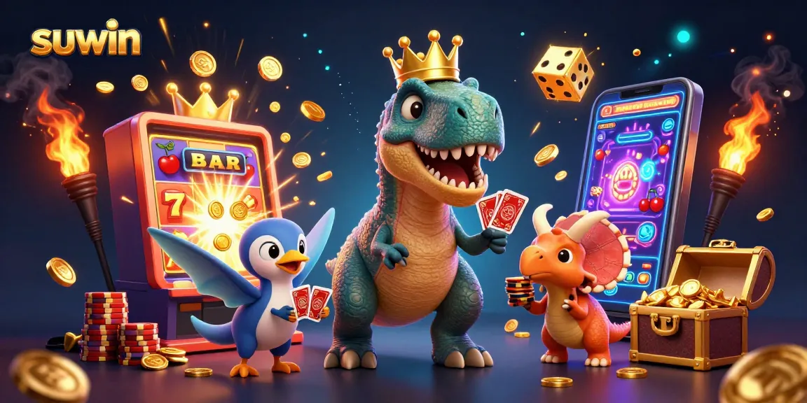 Suwin showcases colorful casino excitement with a playful T-Rex, chips, and slot action.