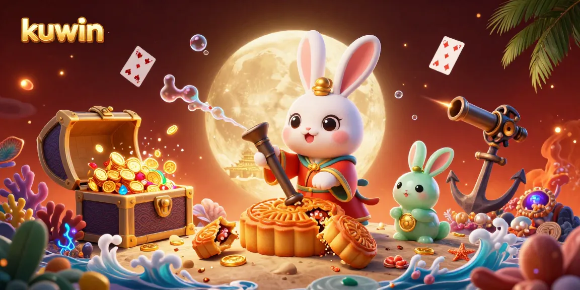 Kuwin players engage with vibrant casino games illustrated vividly featuring golden mooncakes and poker chips.