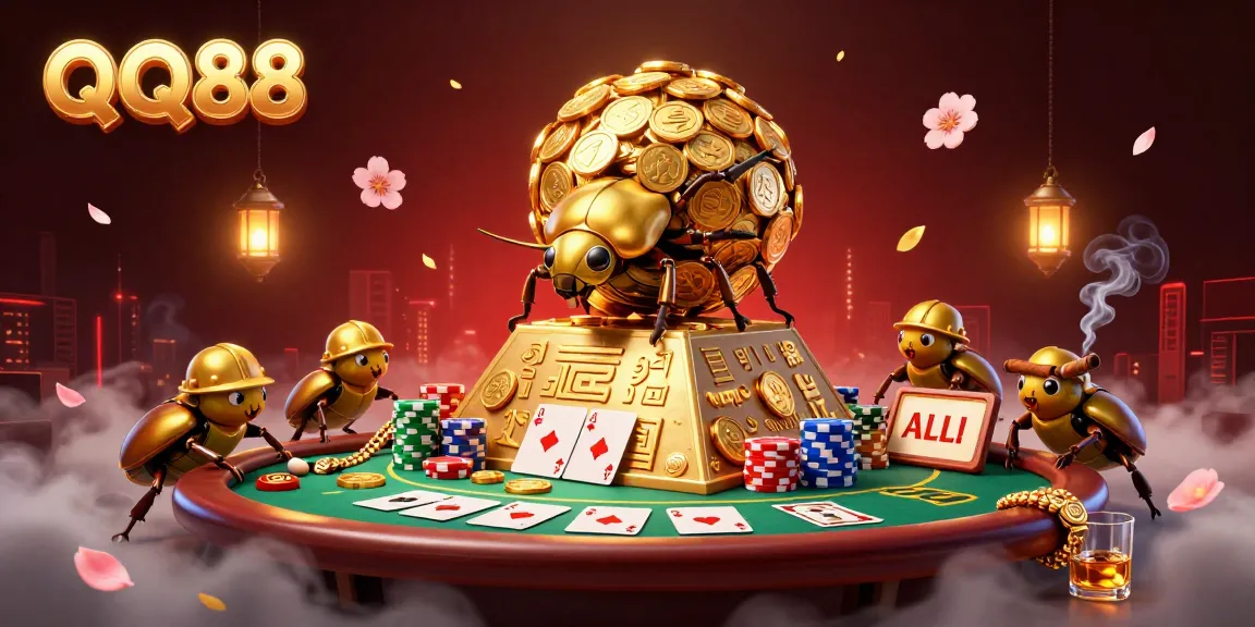 Experience exciting gaming action at QQ88 with a vibrant casino illustration filled with golden coins, beetles, and poker elements.
