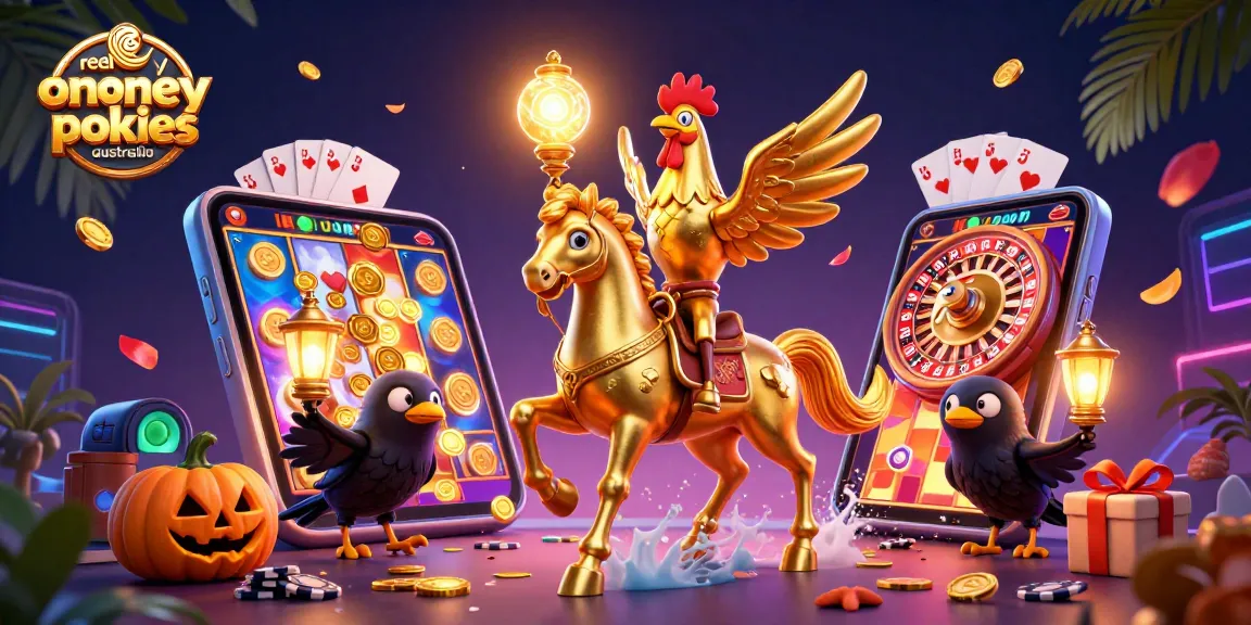 Win big with real money online pokies Australia in an exciting casino scene featuring vibrant characters and game elements.