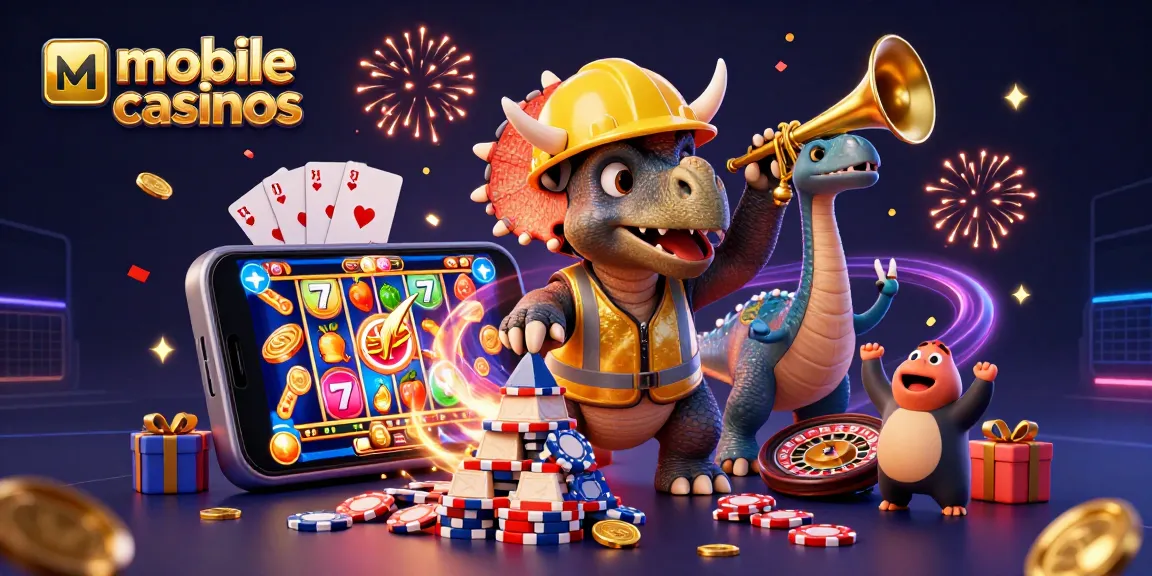 Mobile casinos symbolized by vibrant 3D dinosaurs, poker chips, and slot game elements celebrating winnings!