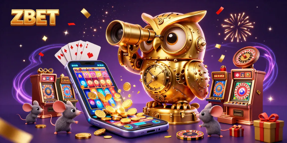 ZBET showcases an animated scene with a clockwork owl, slot games, and fireworks celebrating winnings.